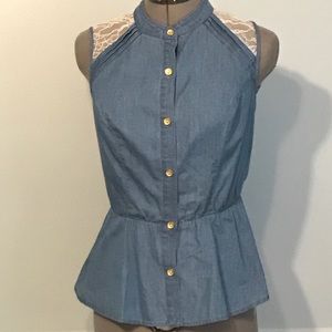 Light weight denim top lace accent
